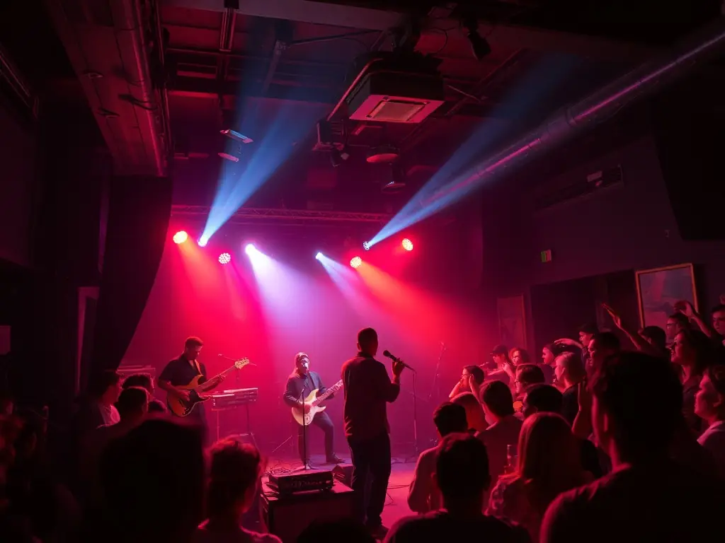 A dynamic image of a live music performance at a local venue, showcasing the energy and excitement of ARAGONNE's show production support for emerging artists.