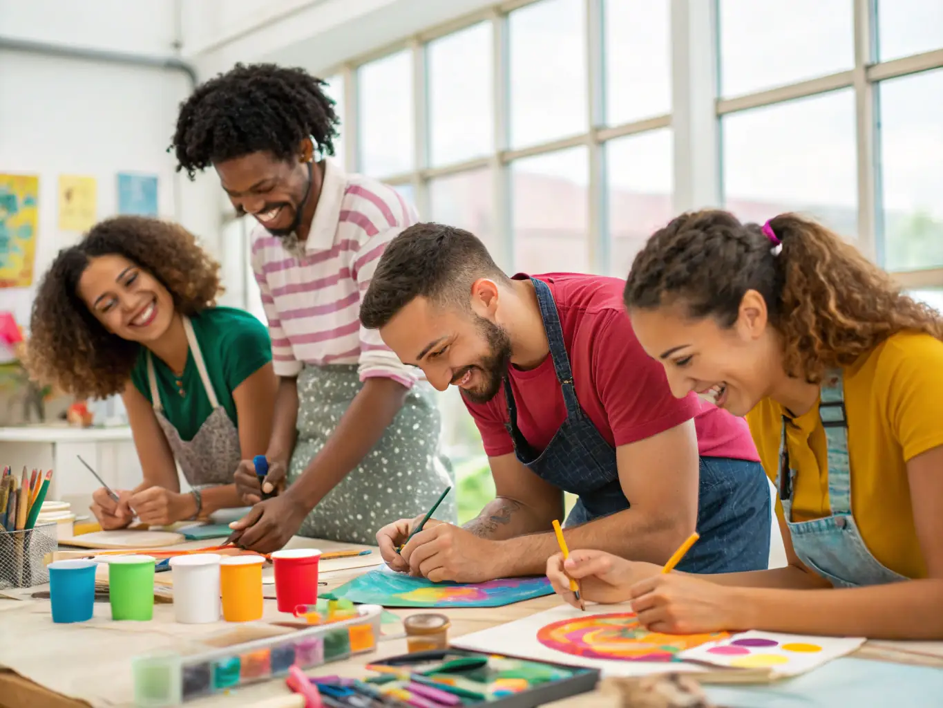 An inspiring image of a diverse group of artists collaborating in a workshop setting, surrounded by art supplies and musical instruments, reflecting ARAGONNE's commitment to fostering creativity and skill development.