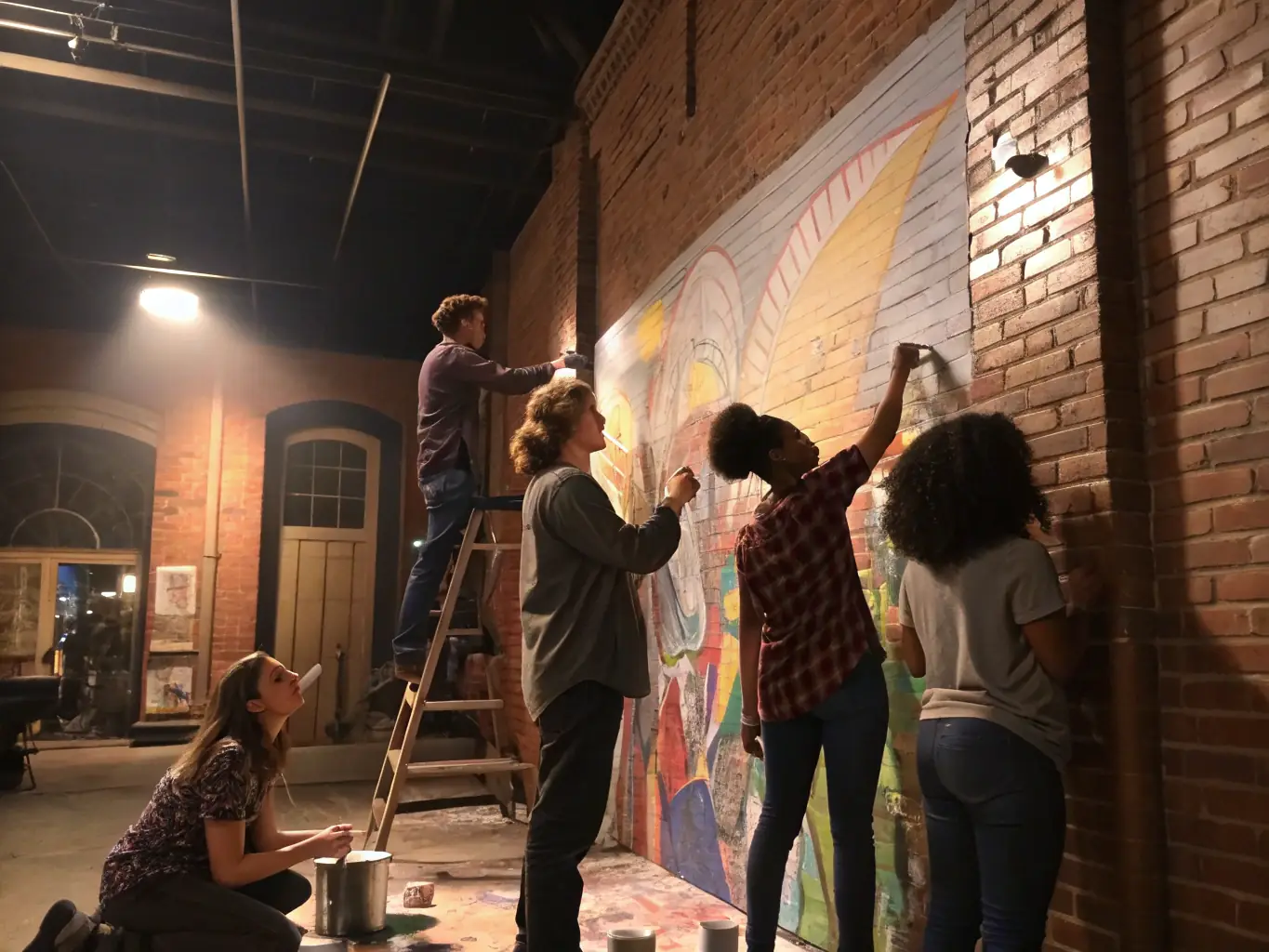 A diverse group of artists collaborating on a mural in a vibrant, urban setting, showcasing ARAGONNE's support for community art projects.