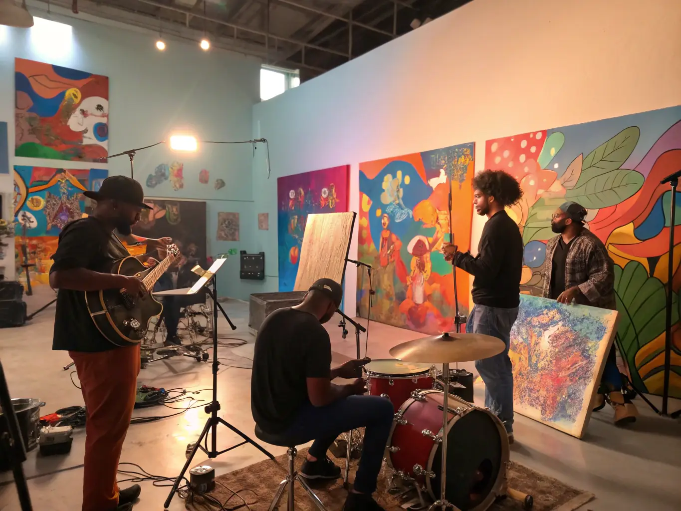 A vibrant image showcasing a diverse group of artists collaborating on a project during an ARAGONNE-supported workshop, emphasizing the organization's commitment to fostering creativity and community engagement.